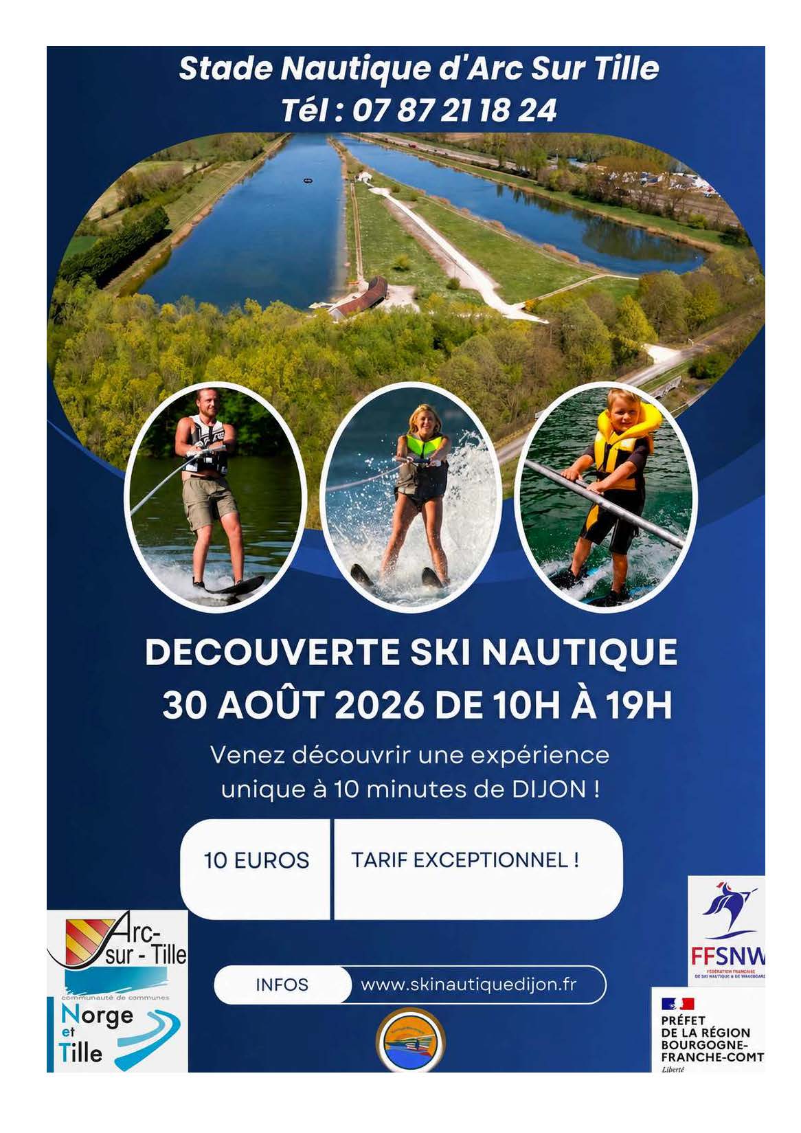 affiche pour découverte du ski nautique le 30/08/2026 de 10h à 19h au stade nautique d'Arc-sur-tille